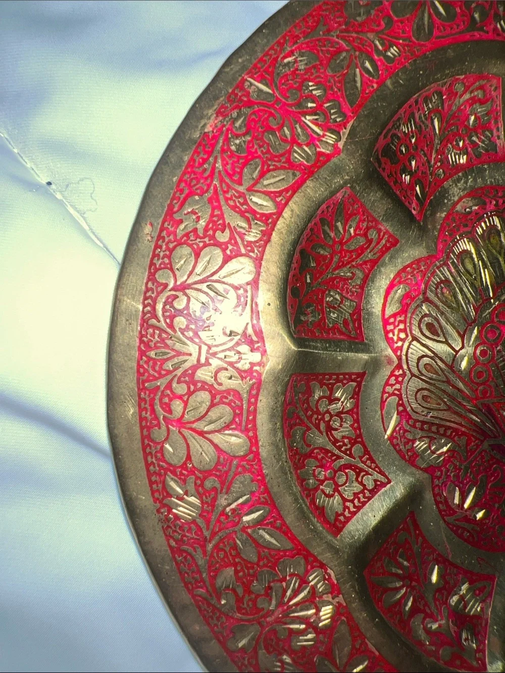 4 Decorative Peacock Brass Wall Plates. Gold w Purple, Blue, Black & Red Accents